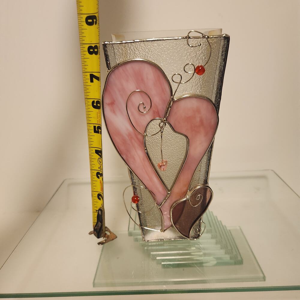 Stained Glass Pink Heart Vase Wire Wrapped Beads Lead Corners 8" Tall